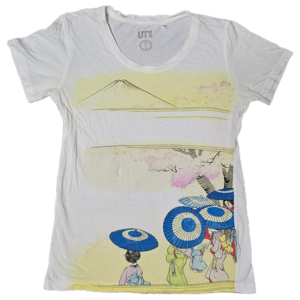 UNIQLO UT Japanese Art Print Shirt Mt Fuji Geishas Umbrellas‎ Women XS White (z)